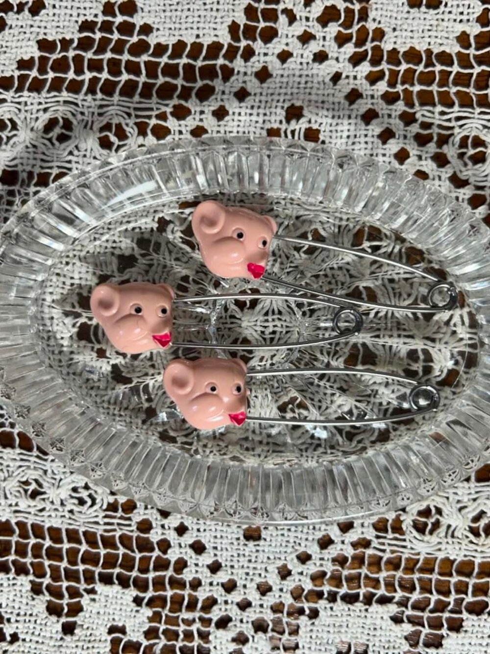 Vintage Pink Pig Head Diaper Safety Pins - Set of 3